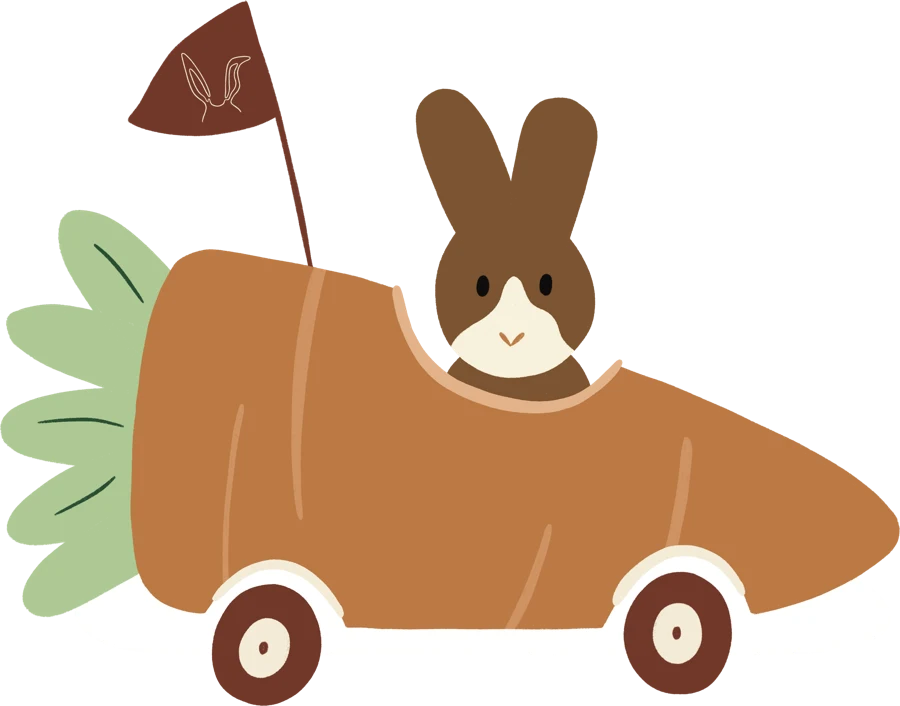 Getekend konijn in een worteltjesauto
