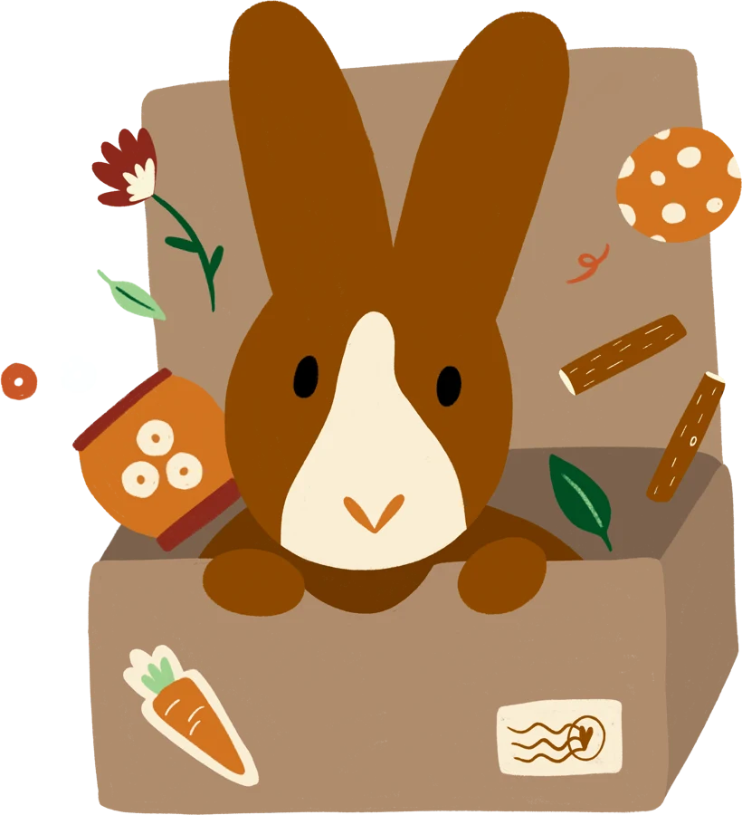 Getekend konijn dat uit een Kontent Konijn-pakket piept, tussen kruiden, takjes en een snack